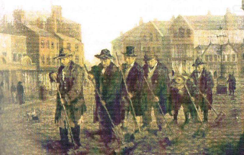 Oil Painting depicting men sweeping an Oldham square, John Houghton Hague